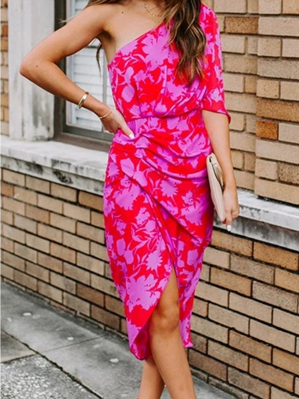 One-Shoulder Pink & Fuchsia Floral Midi Dress